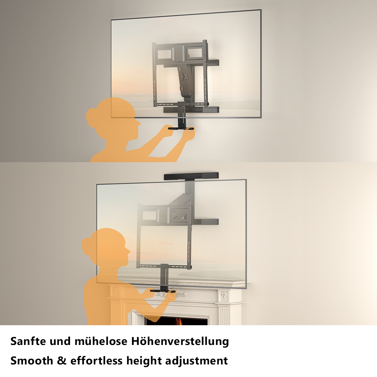 Fernseherhalterung: Sanfte Höhenverstellung mit Griff.