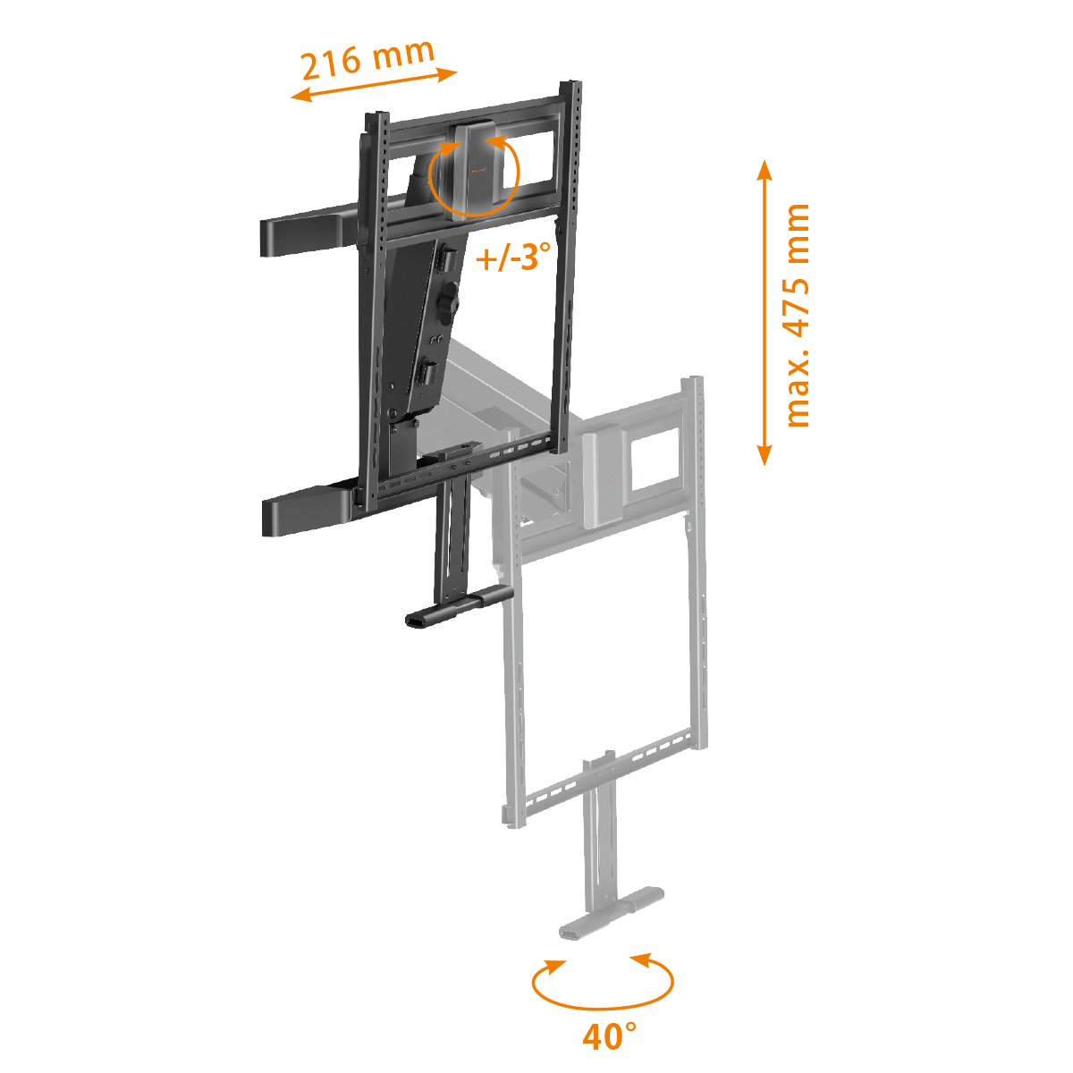 Ein schwenkbarer TV-Wandhalter mit Maßen 216 mm und 475 mm.