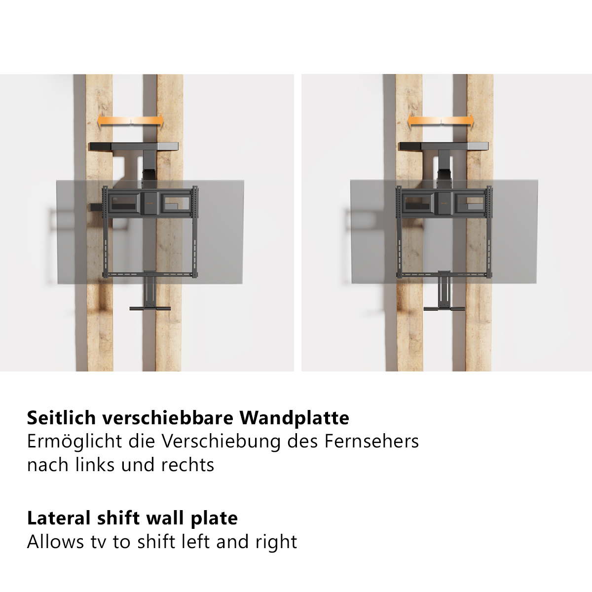 Seitlich verschiebbare Wandhalterung mit Fernseher-Halterung.