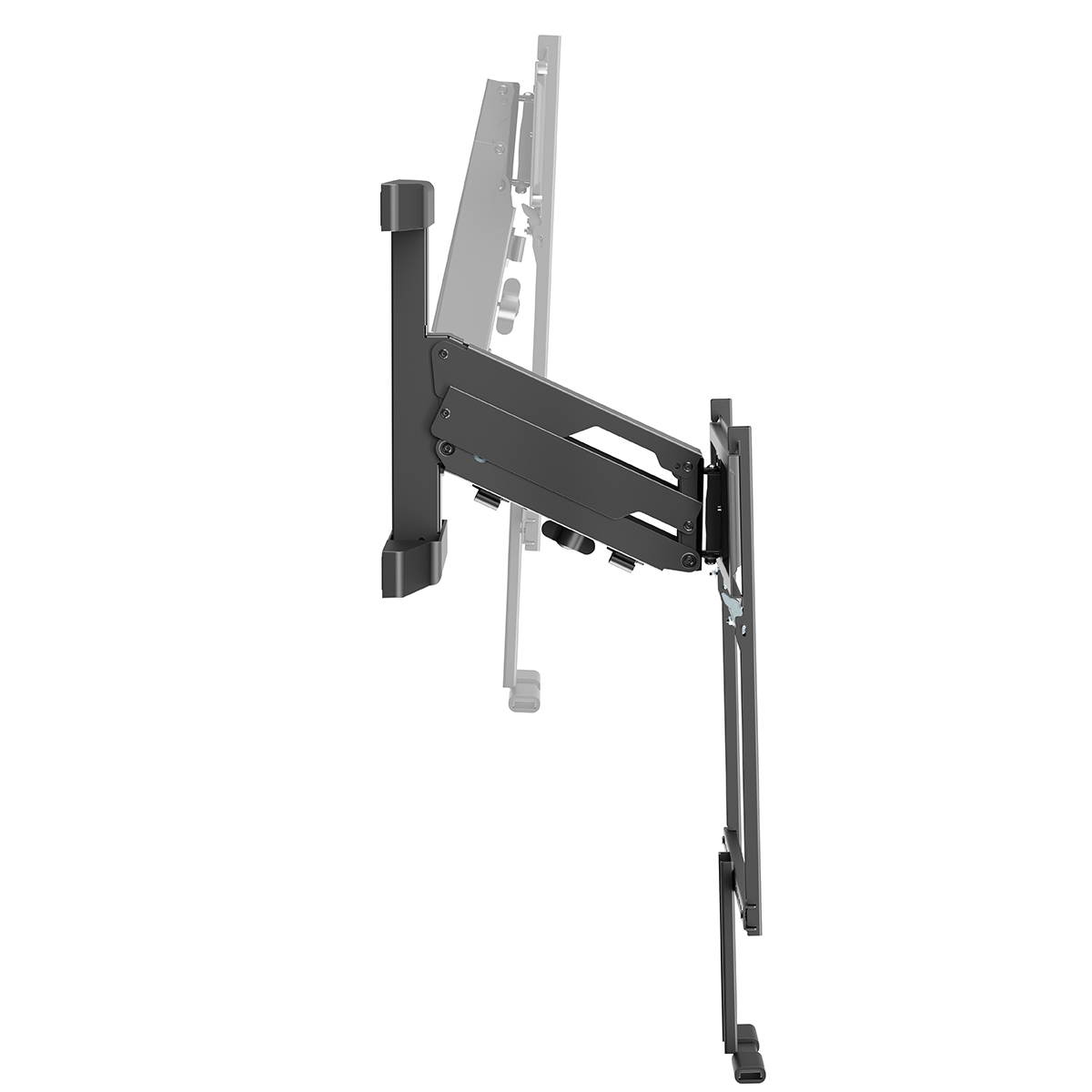 Schwarze TV-Wandhalterung mit verstellbarem Arm, auf weißem Hintergrund.