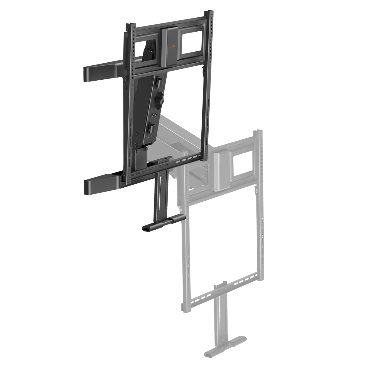 Schwarze TV-Wandhalterung mit ausfahrbarem Arm, vor einer transparenten Halterung.