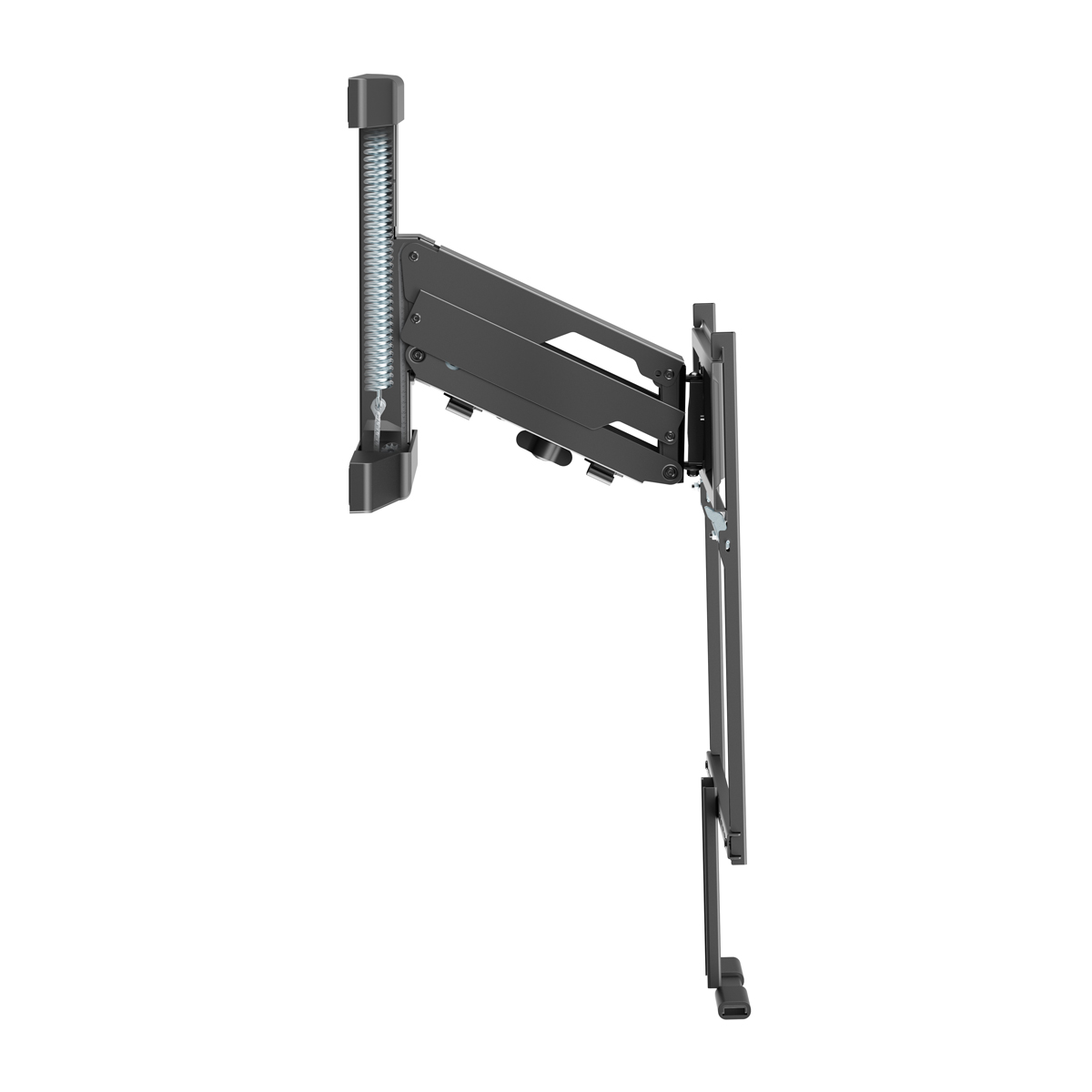 Schwarze TV-Wandhalterung mit ausziehbarem Arm und Federdämpfer.