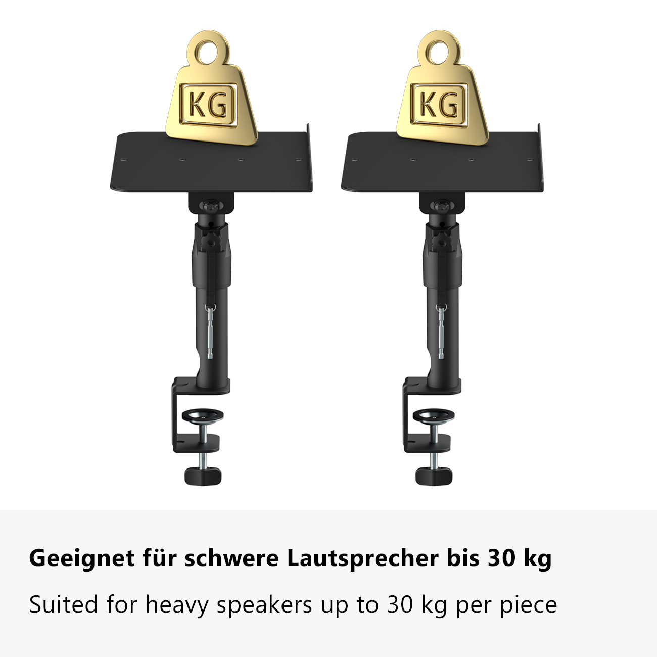 Zwei schwarze Lautsprecherhalterungen mit KG-Gewichtssymbolen.