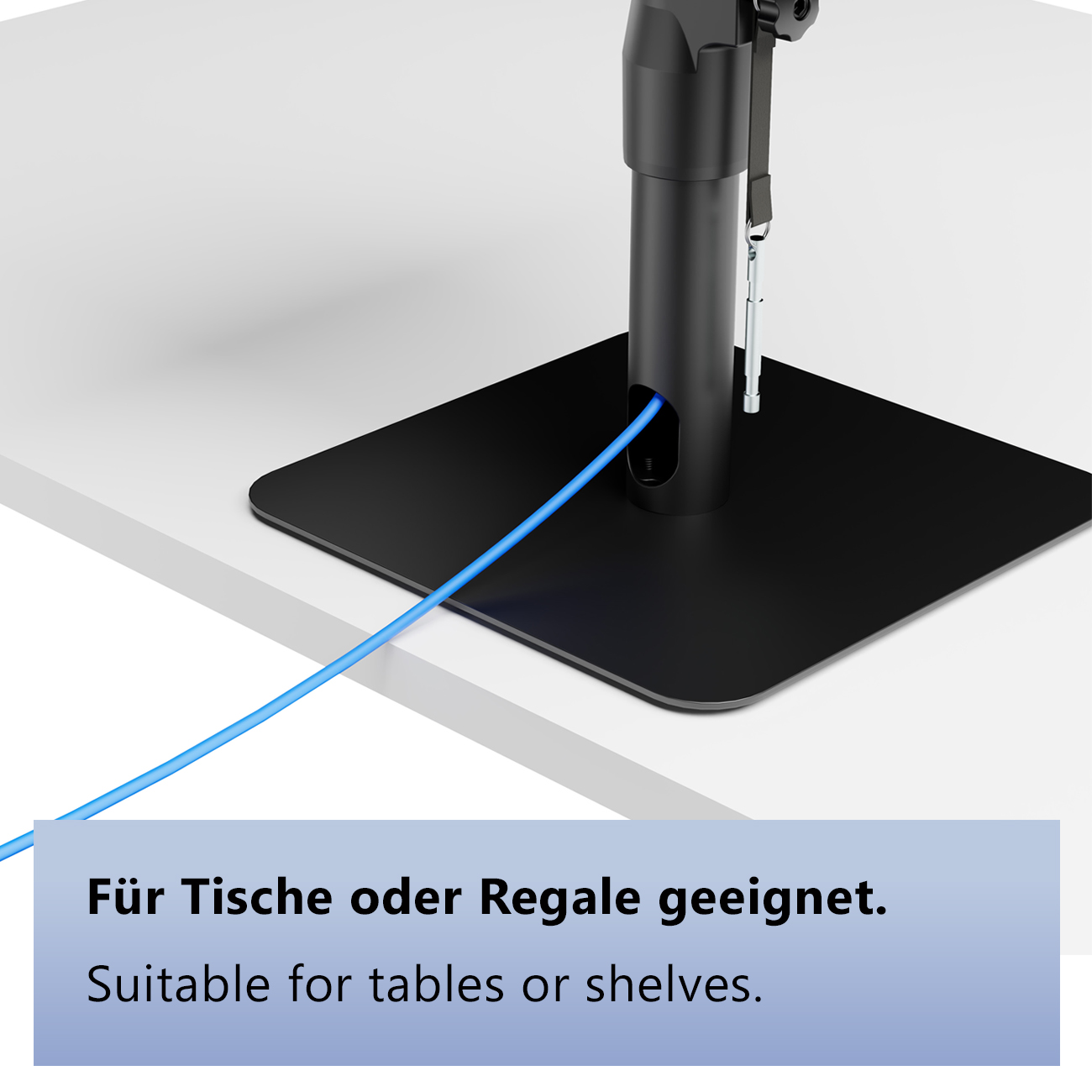 Schwarzer Fuß mit blauem Kabel auf weißer Oberfläche, für Tische/Regale.