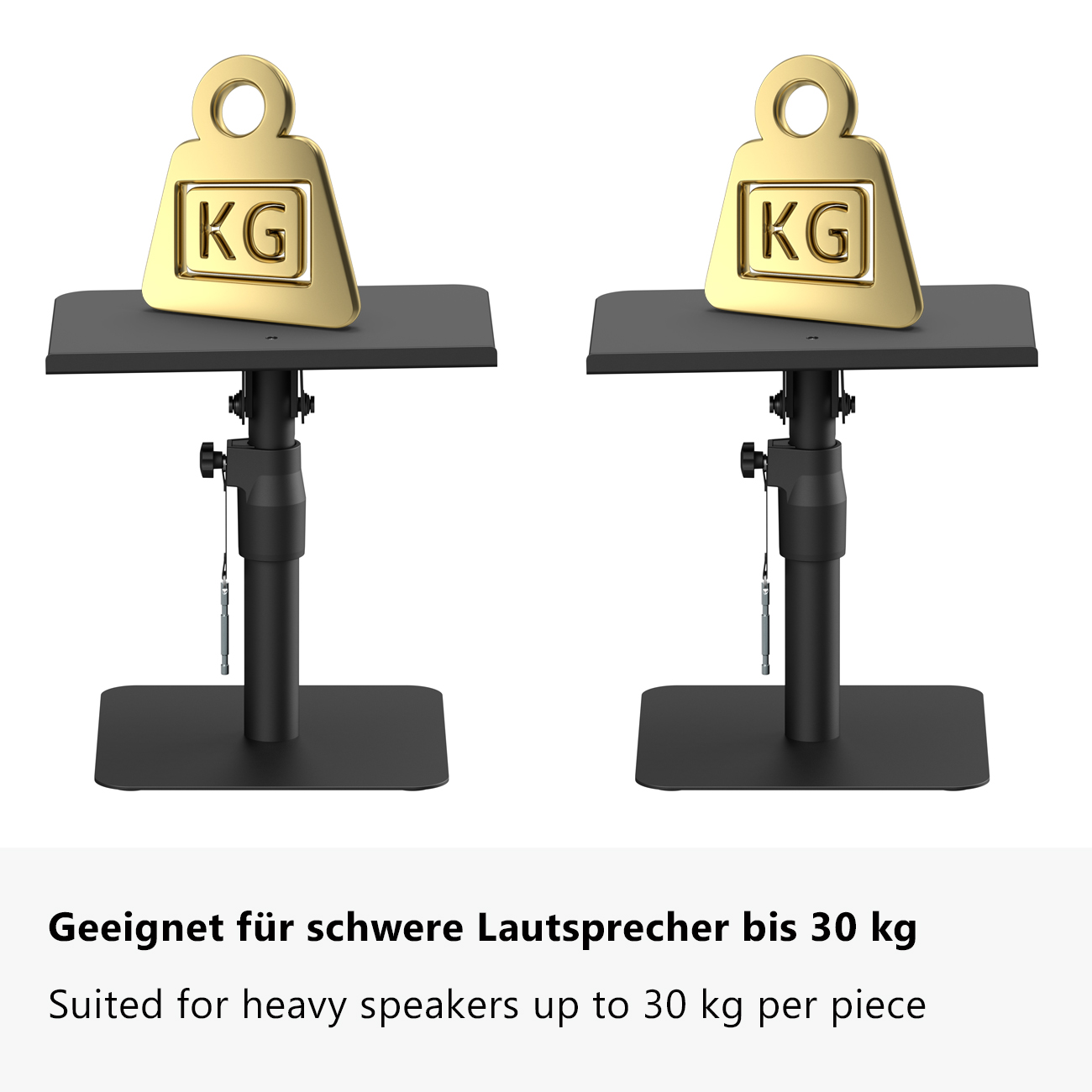 Zwei schwarze Lautsprecherständer mit goldenen Gewichten.