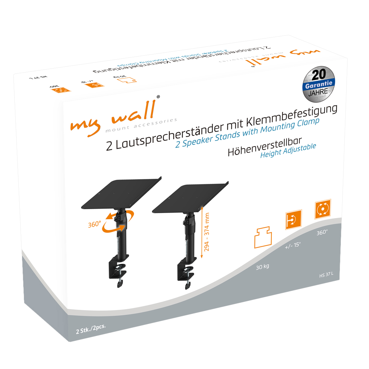 Verpackung für 2 Lautsprecherständer mit Klemmenbefestigung, höhenverstellbar.