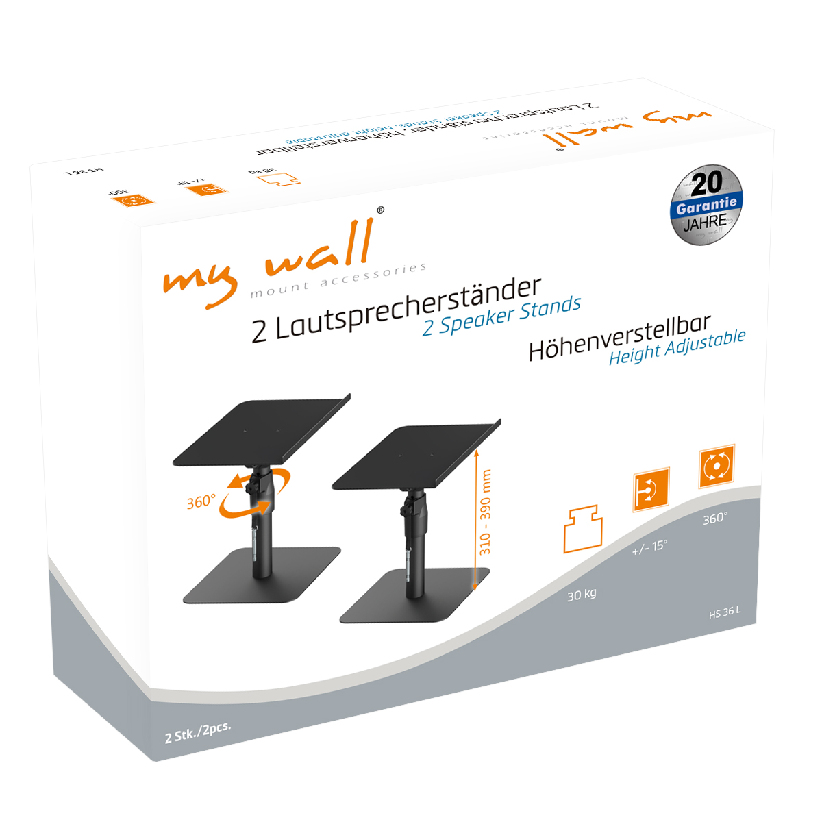 Verpackung für 2 höhenverstellbare Lautsprecherständer mit 360° Drehung.