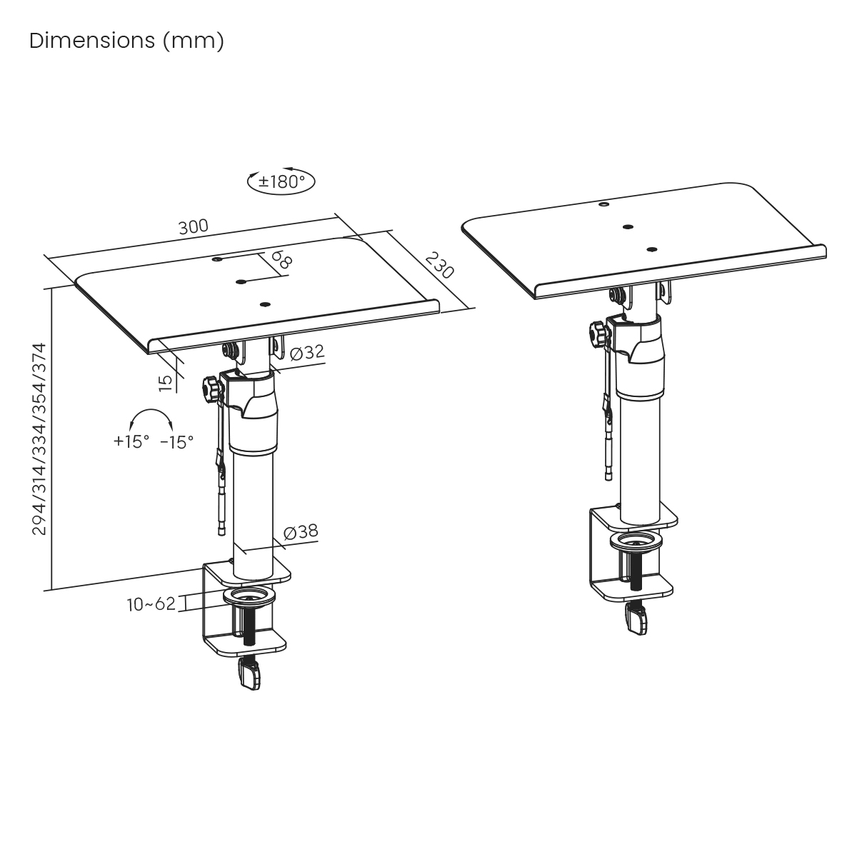Zwei technische Zeichnungen eines Monitorarms mit Maßangaben.