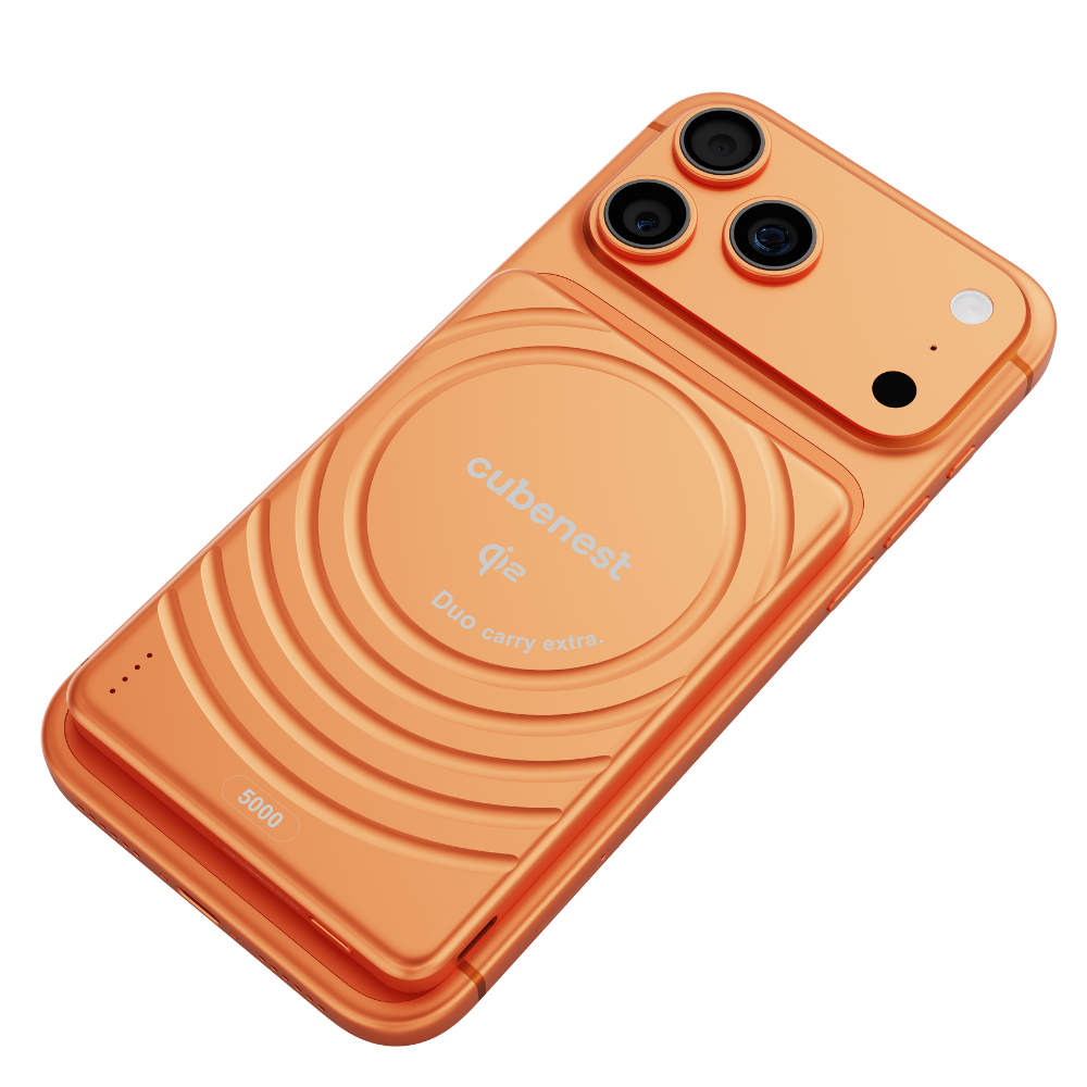 Orangefarbenes Smartphone-Case mit drei Kameras und einem Kreis-Muster.