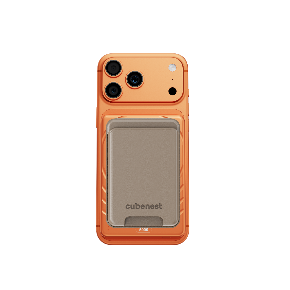 Orangefarbenes Handy mit Kameramodul und Kartenhalter.