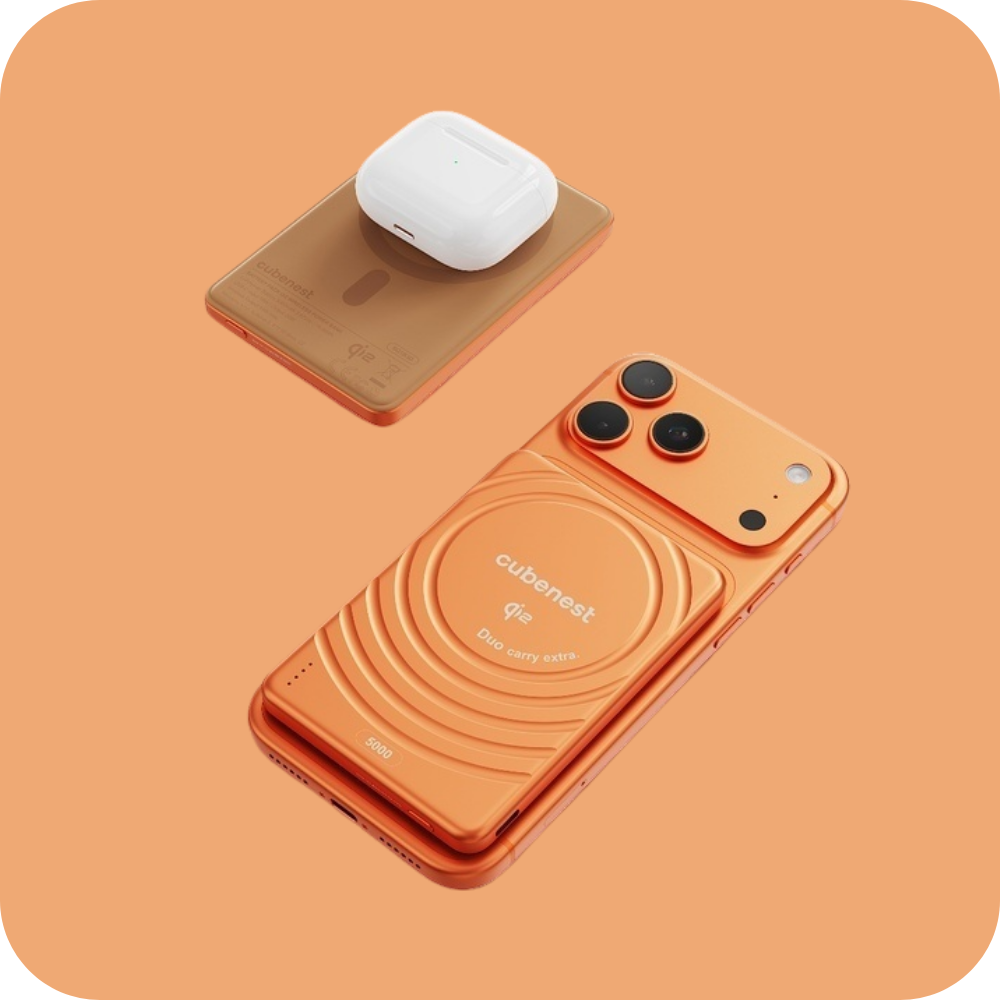 Ein orangefarbenes iPhone mit einer weißen Hülle und einem braunen Ladegerät auf orangefarbenem Hintergrund.