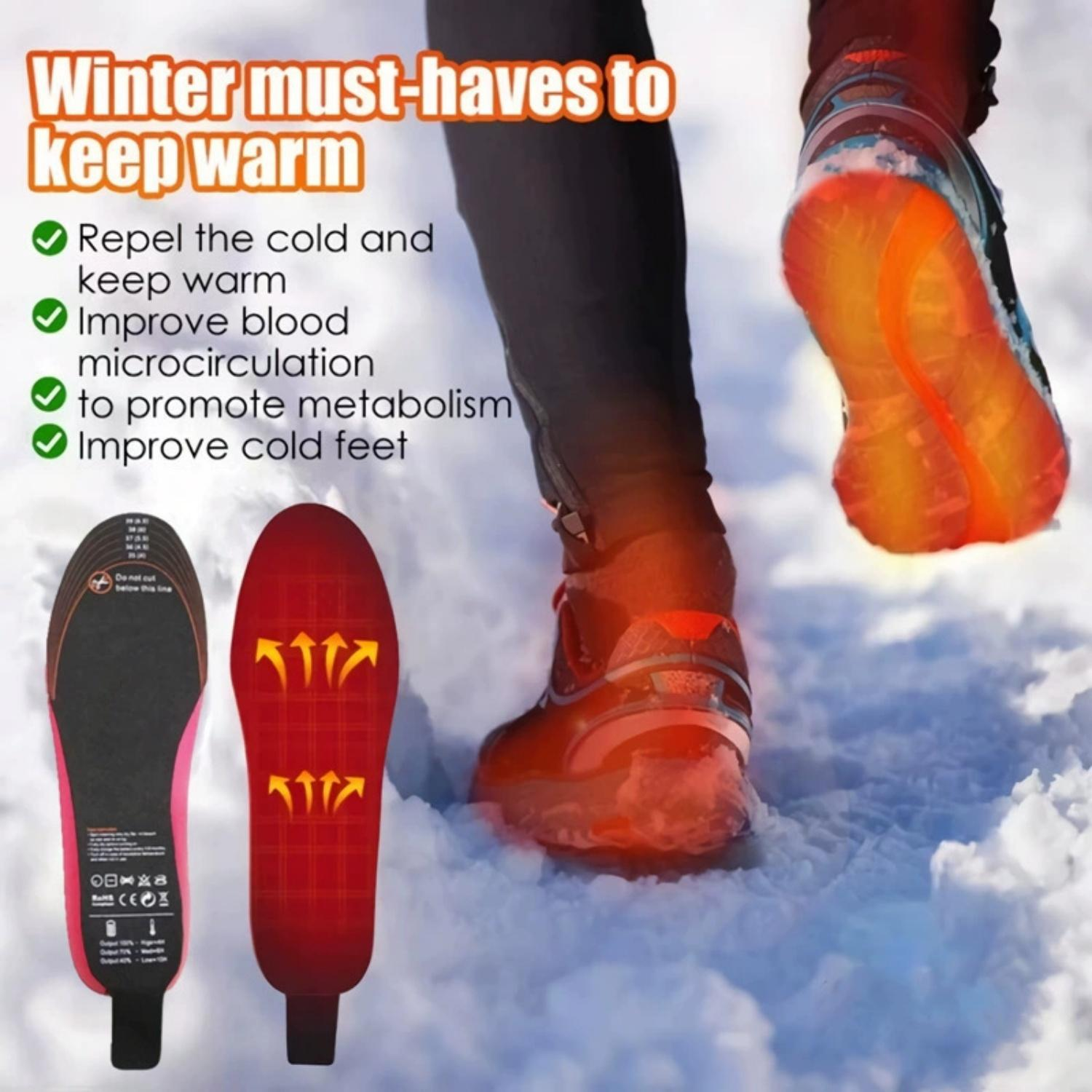 Schuhsohlen in einer verschneiten Landschaft. Eine Sohle ist rot mit Pfeilen, die andere rosa mit Warnungen.