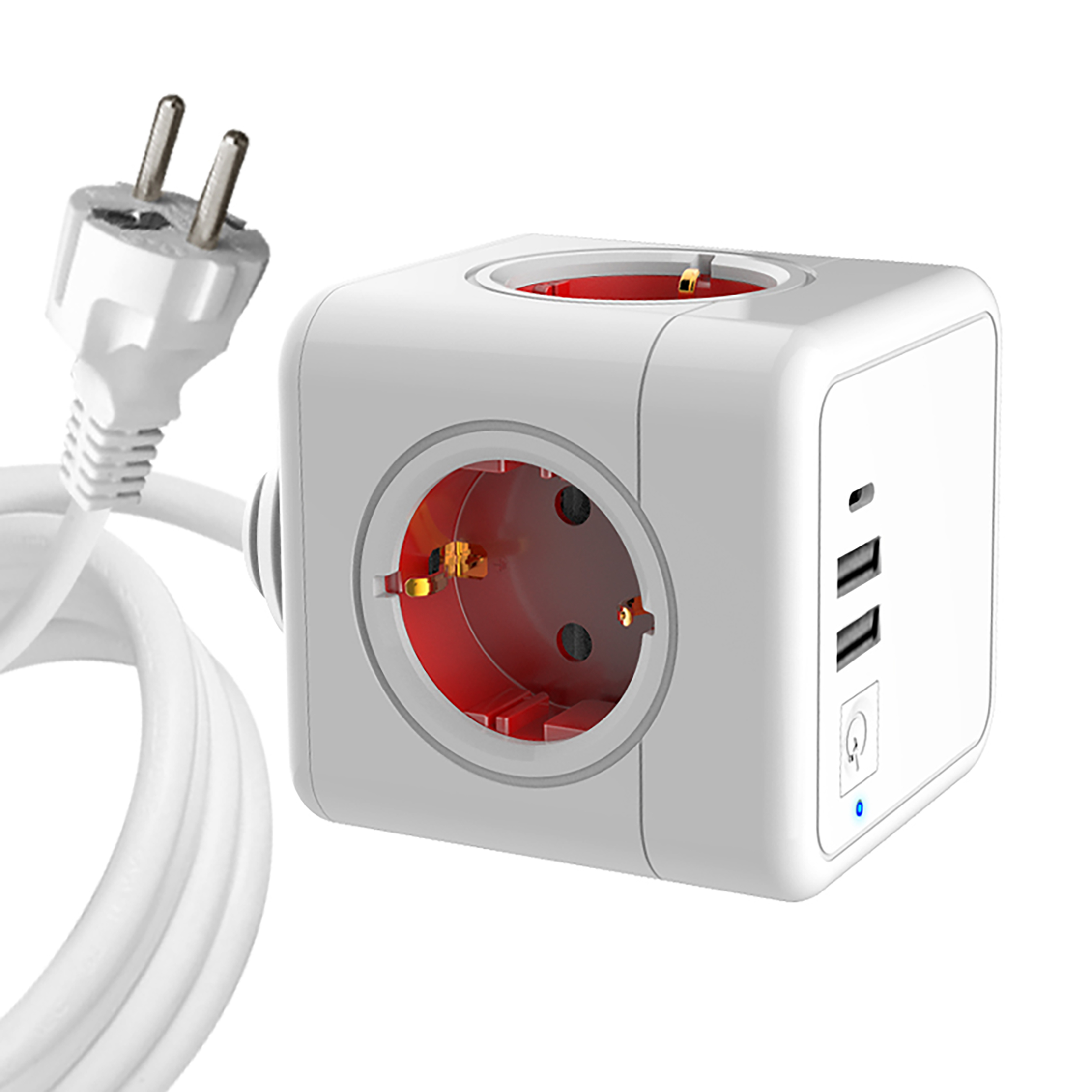 Ein weißer Würfel-Mehrfachstecker mit USB-Anschlüssen und ein weißer Stecker.