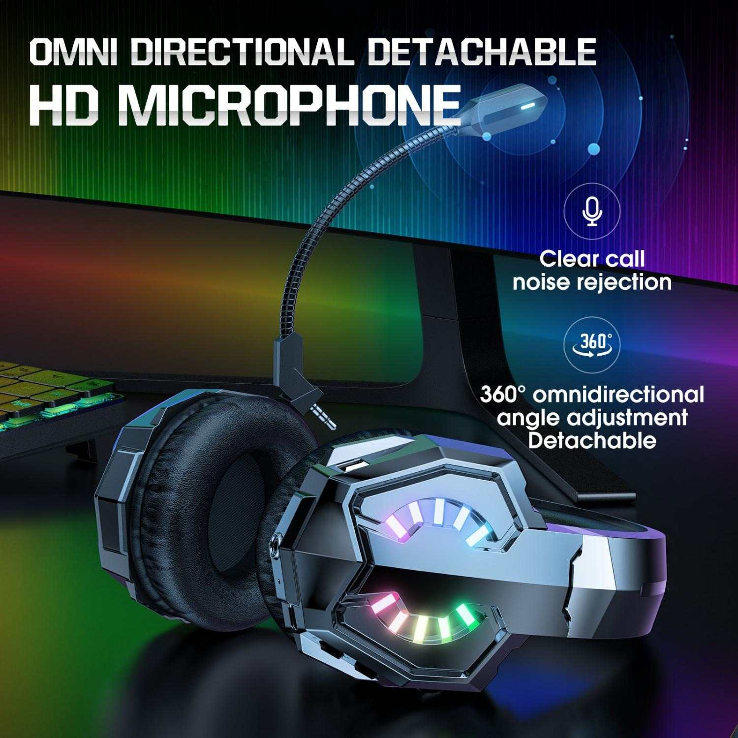 Gaming-Headset mit Mikrofon, RGB-Beleuchtung und verstellbarem Winkel.