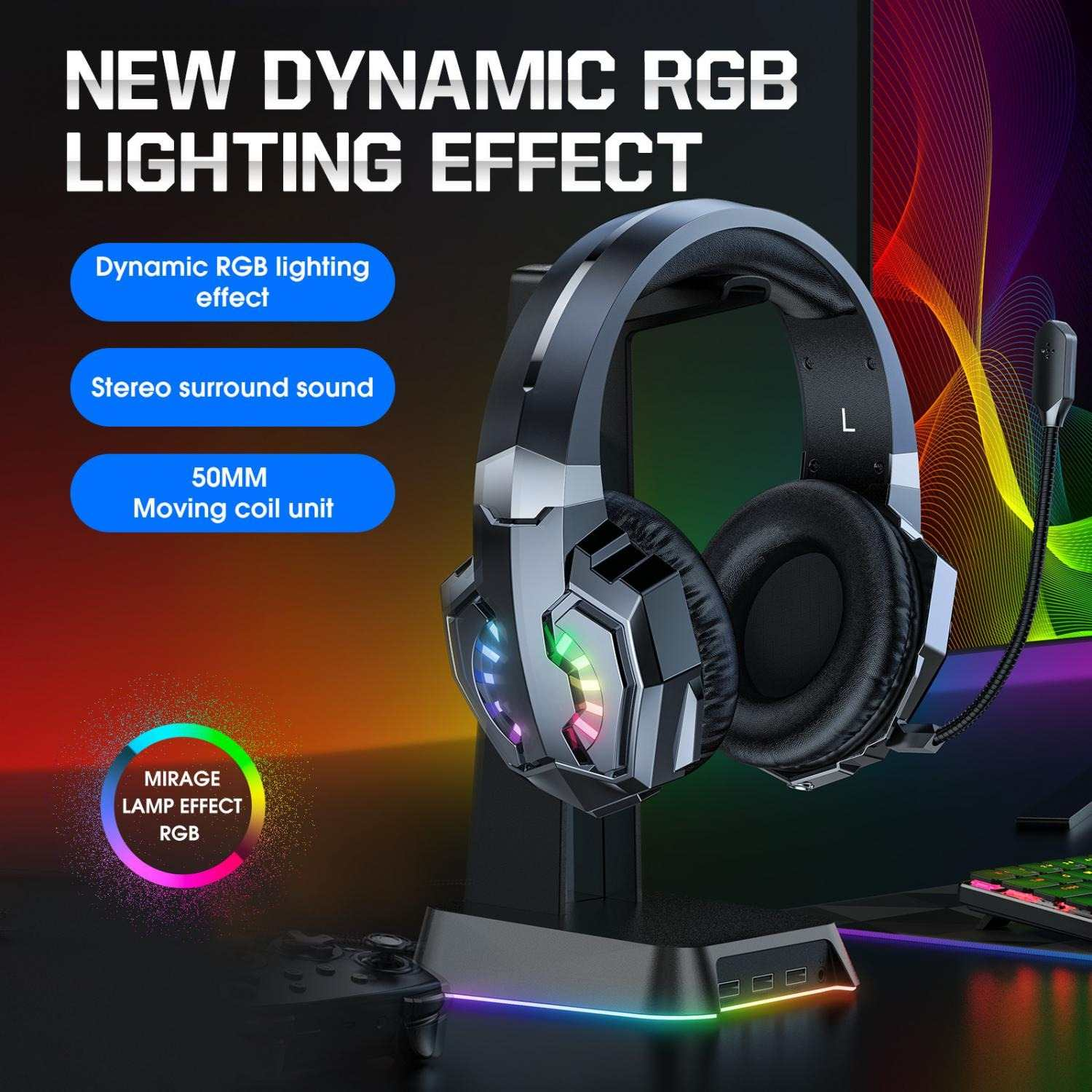 Gaming-Kopfhörer mit RGB-Beleuchtung auf einem Ständer, mit Text über Lichteffekte.