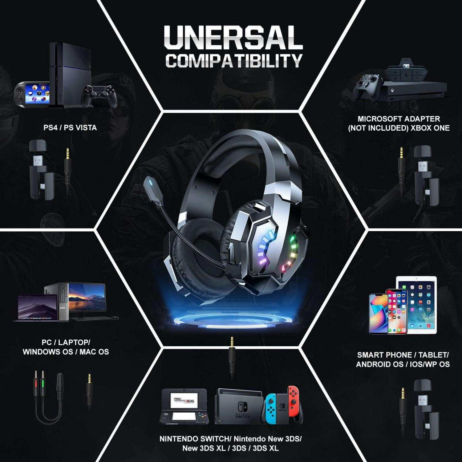 Gaming-Headset mit bunten LEDs, kompatibel mit PS4, PC, Xbox, Switch und Mobilgeräten.