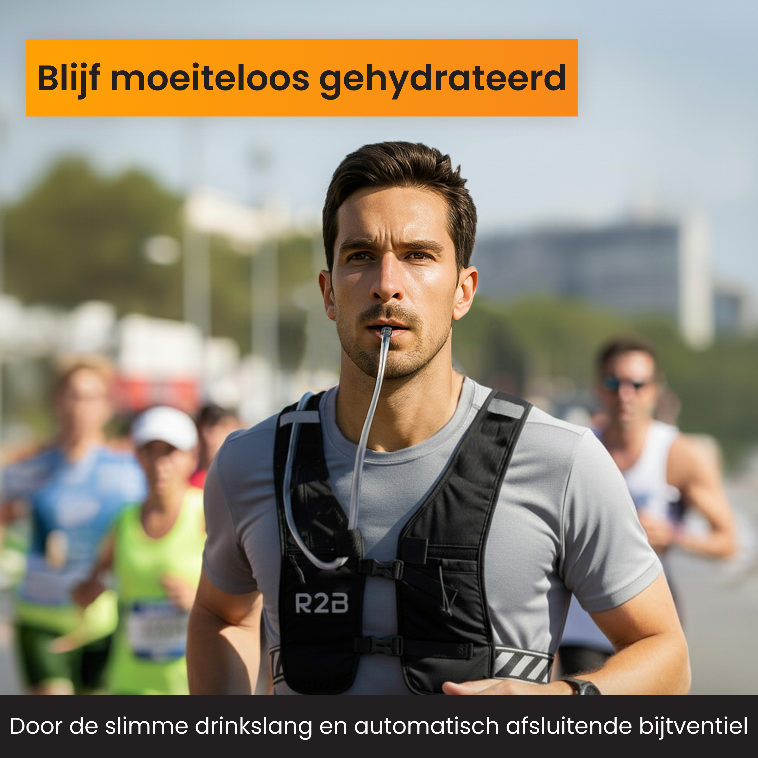 Ein Mann in einem Lauf-Outfit trinkt aus einem Trinksystem.
