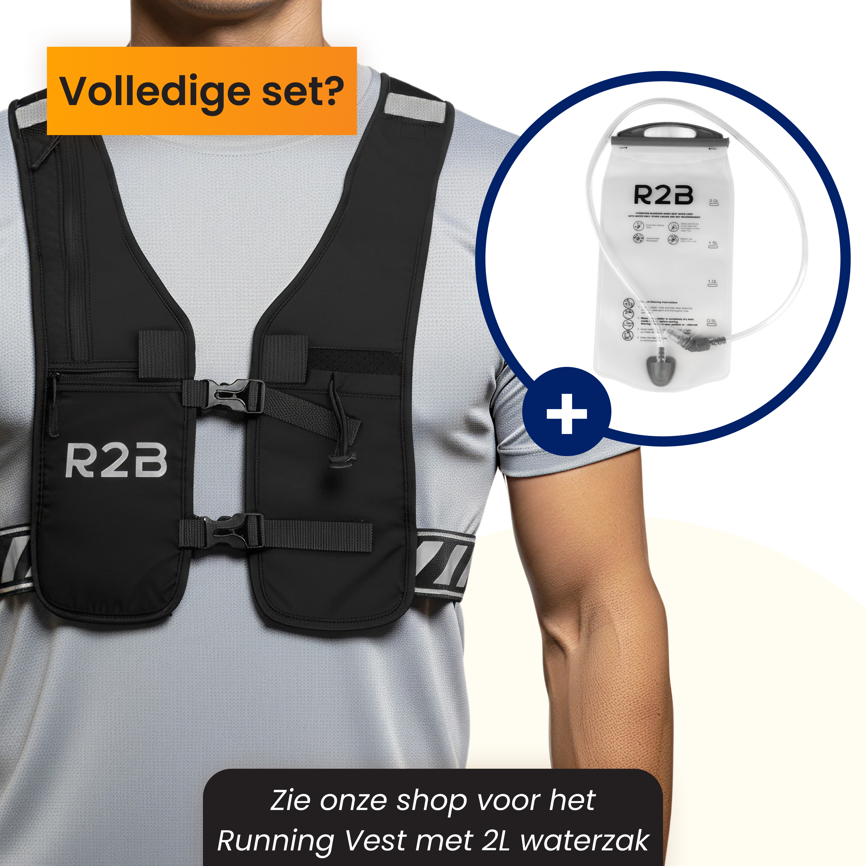 Ein Mann trägt eine schwarze R2B Laufweste mit einer 2L Wasserblase.