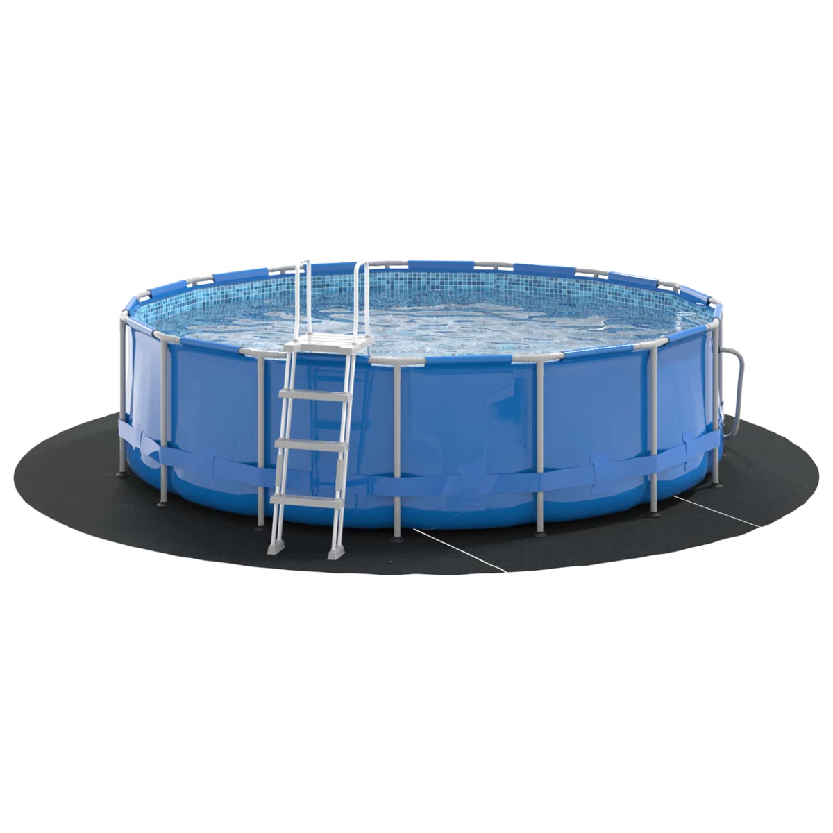 Ein aufblasbarer Pool mit Leiter auf schwarzer Matte.