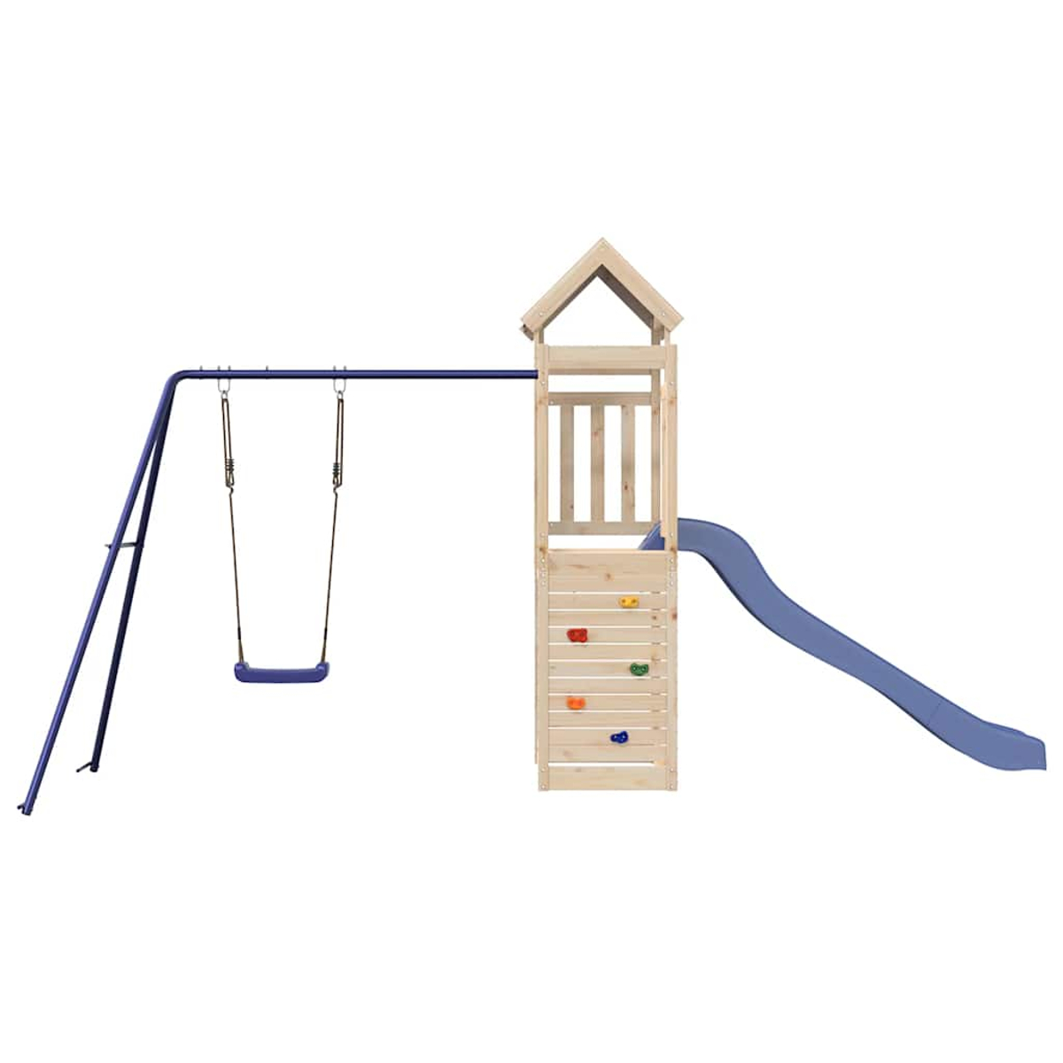 Torre da gioco in legno con altalena, scivolo e parete da arrampicata, con parti in metallo blu.