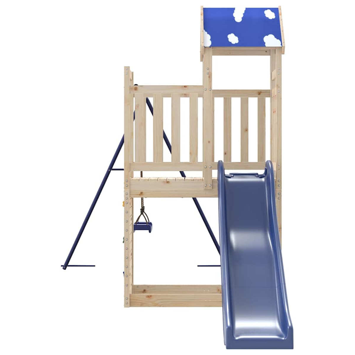 Struttura gioco in legno con scivolo blu, altalena e tetto a nuvole.