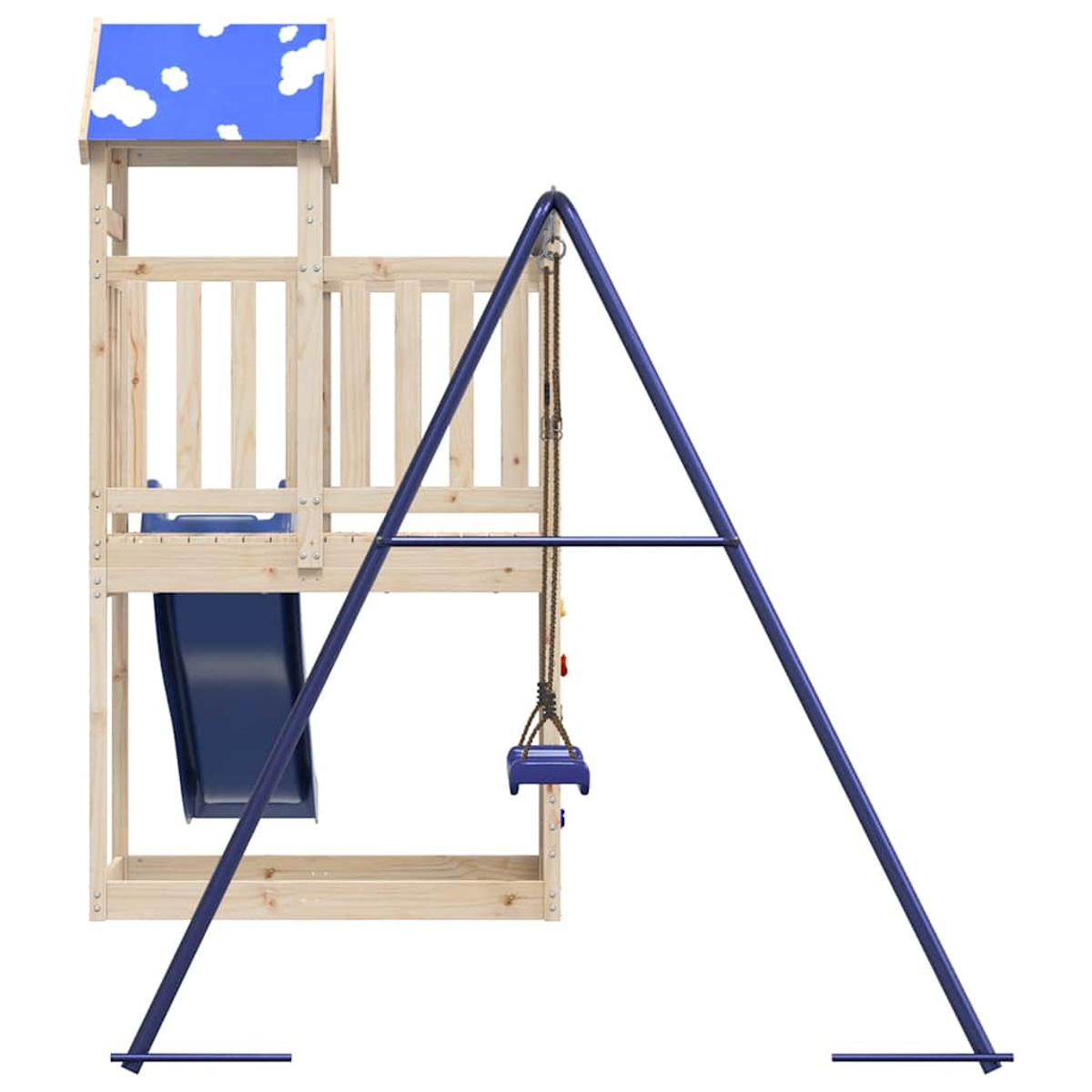 Struttura gioco in legno con scivolo blu e altalena. Tetto con motivo a nuvole.