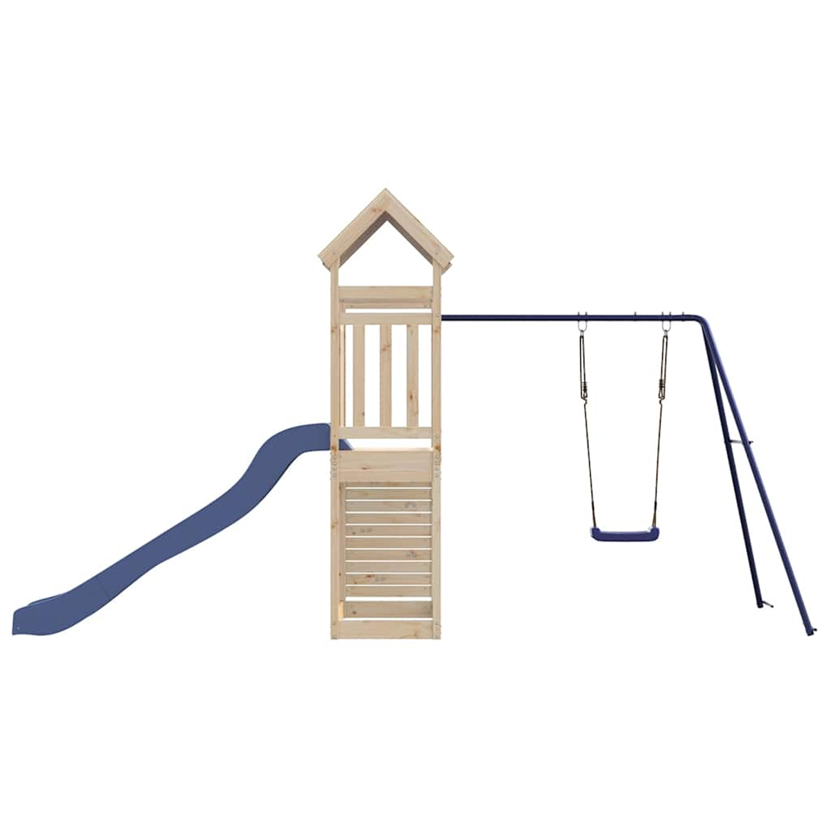 Torre da gioco in legno con scivolo e altalena blu.