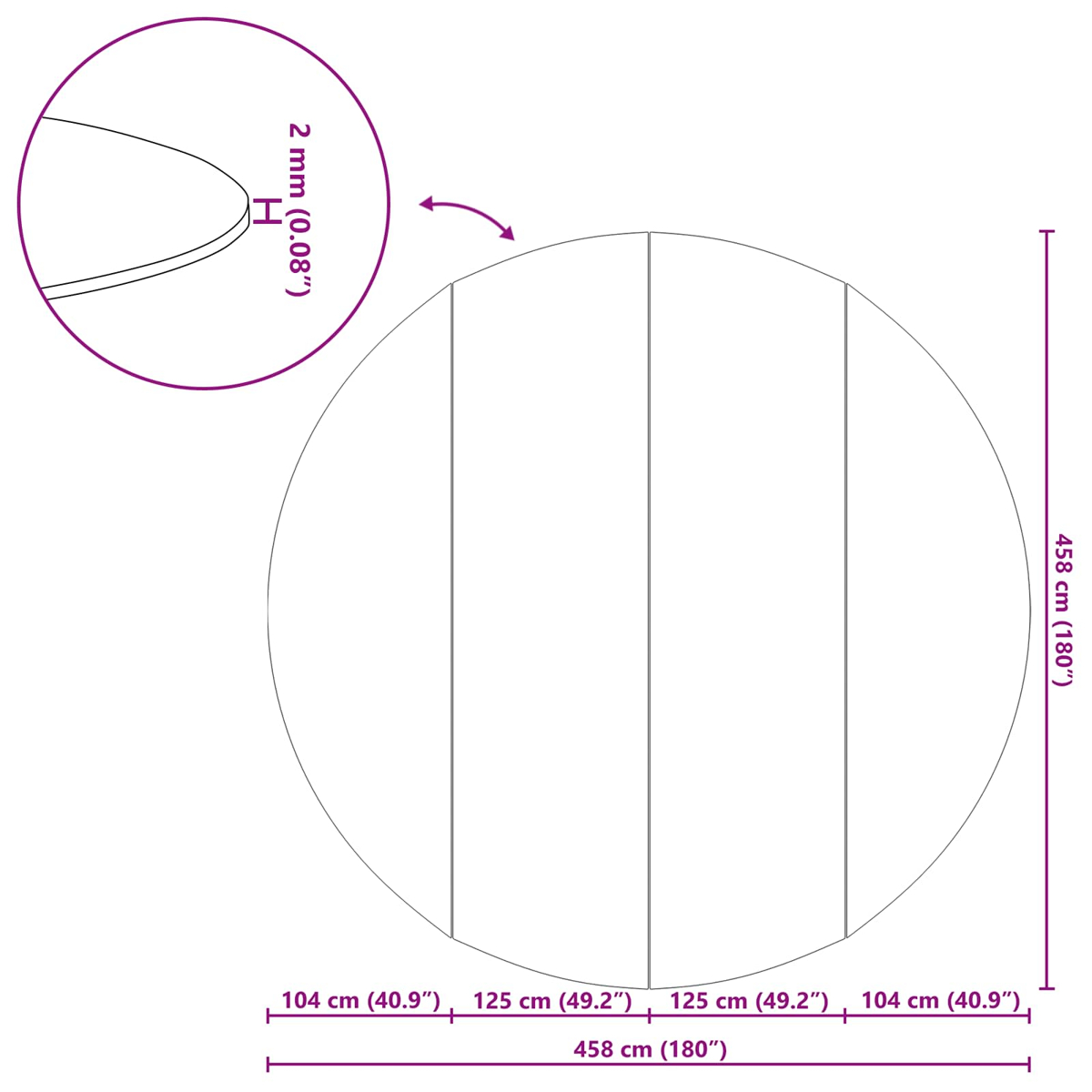Diagramm zeigt einen Kreis, der durch vier Linien geteilt ist. Maße sind 458cm (180").
