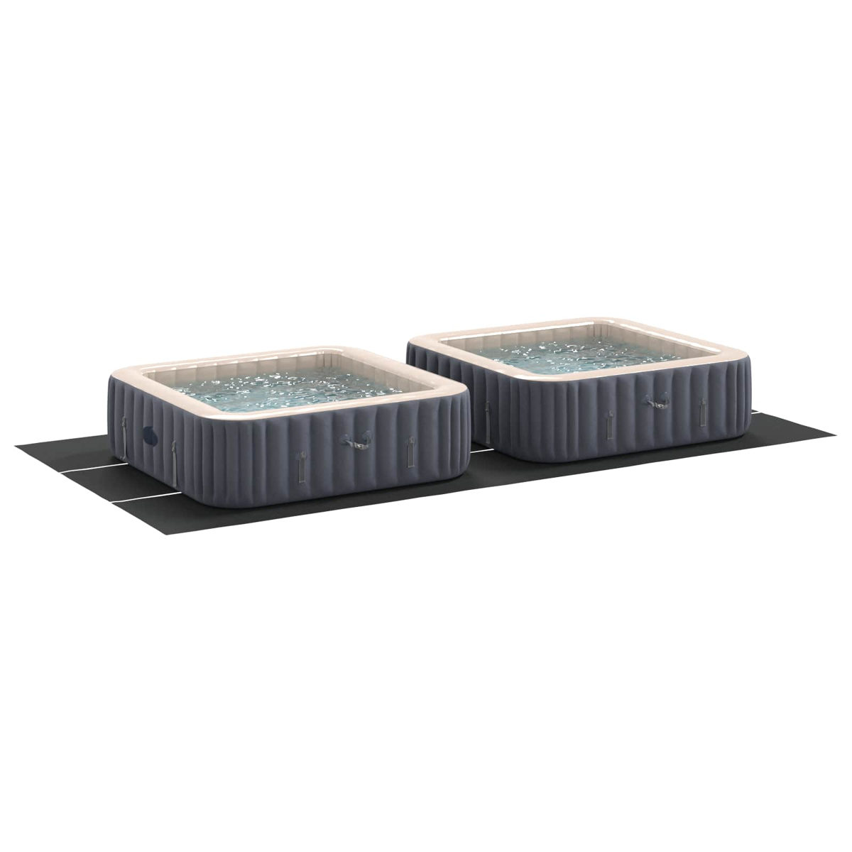 Zwei graue aufblasbare Whirlpools mit Wasser stehen auf einer schwarzen Matte.