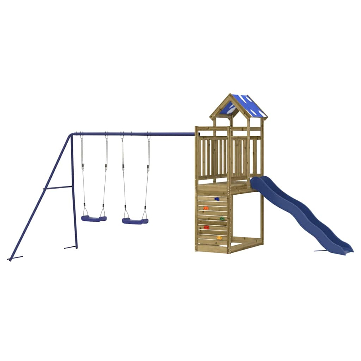 Holzspielturm mit Schaukeln und Rutsche.