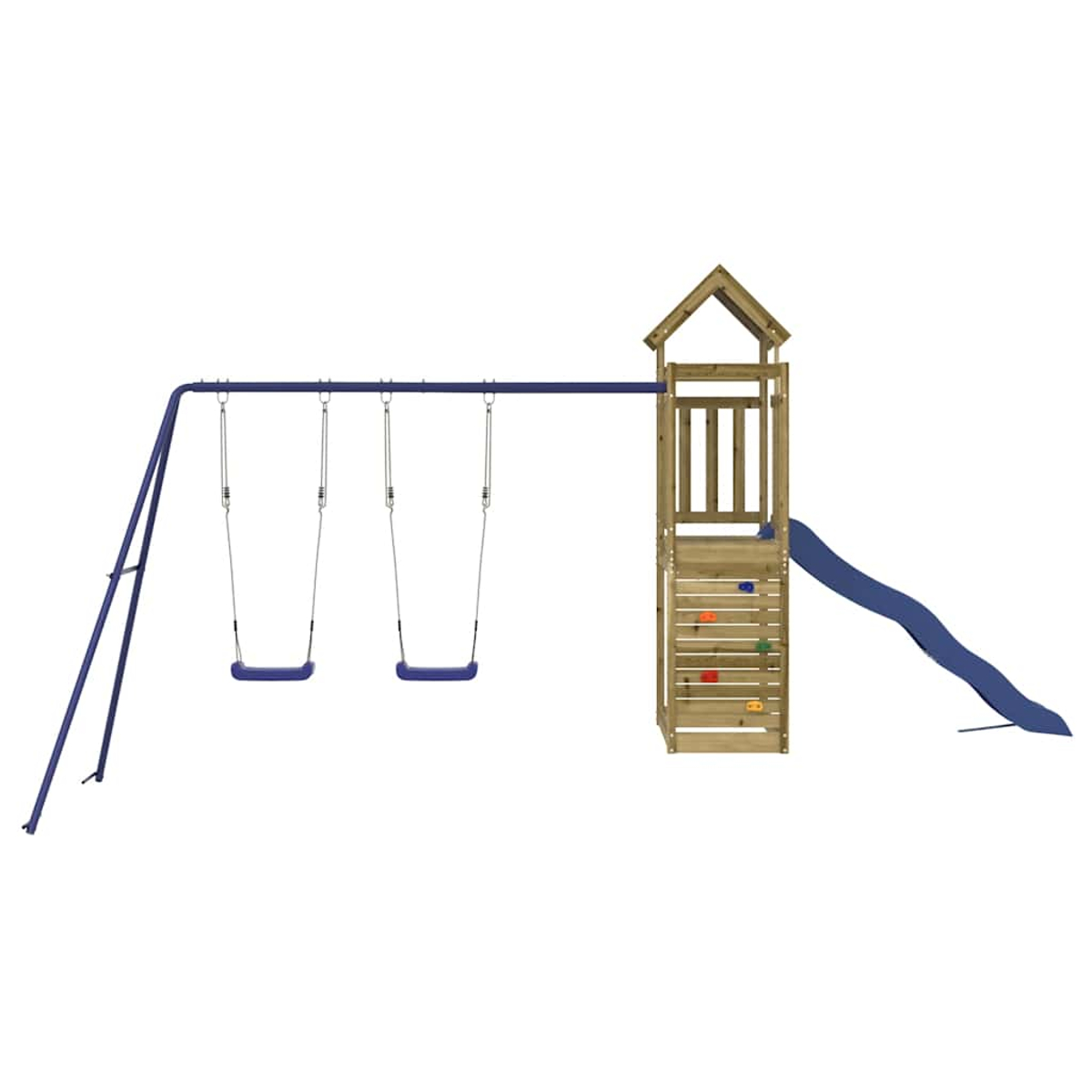 Ein Spielturm mit Schaukeln, Rutsche und Kletterwand.