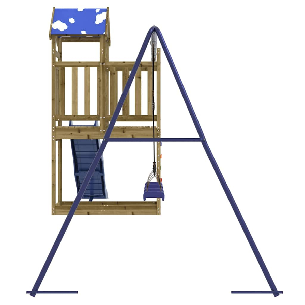 Ein Holzspielturm mit Rutsche und Schaukel, blauem Dach mit Wolken.