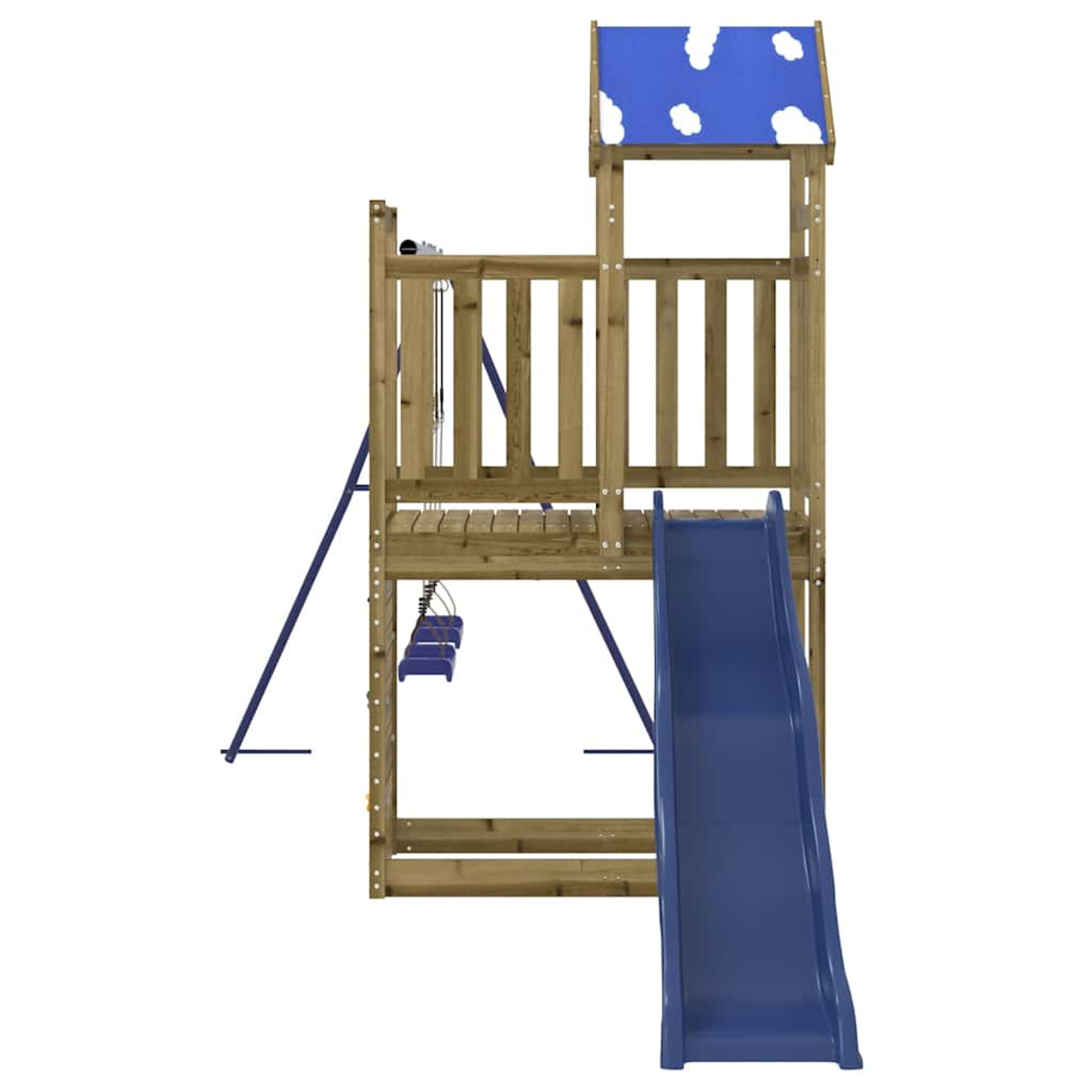 Holz-Spielturm mit Rutsche, Schaukeln und blauem Dach mit Wolkenmuster.