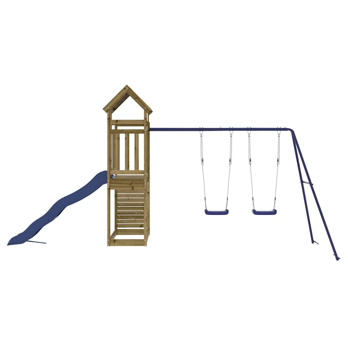 Holzspielturm mit Rutsche und zwei Schaukeln auf blauem Metallgestell.