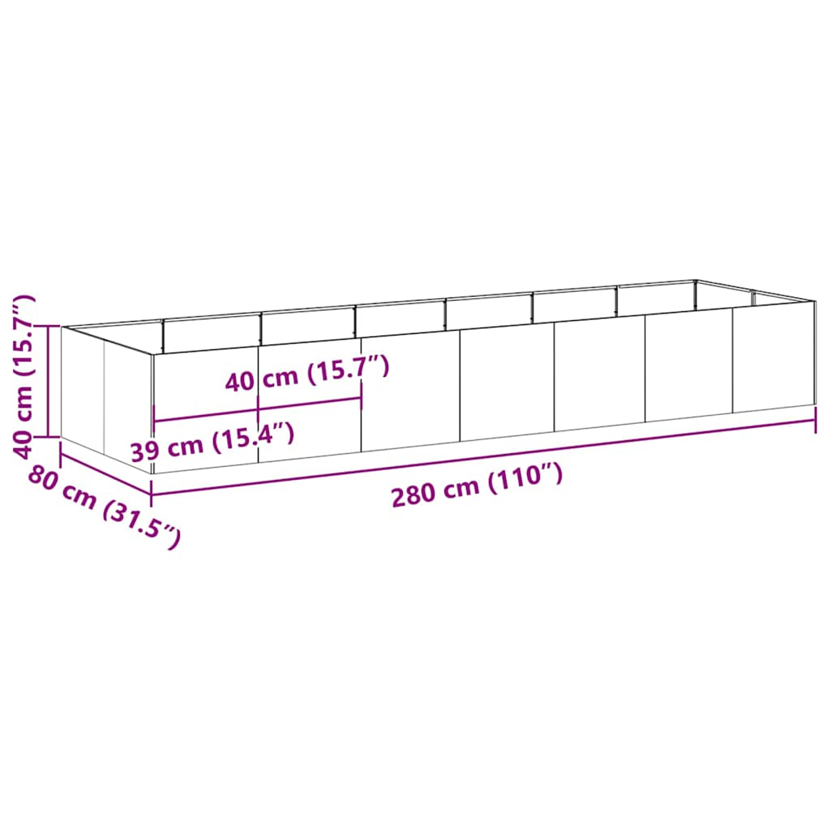 Una cornice rettangolare con dimensioni 280x80x40cm, con misure indicate.