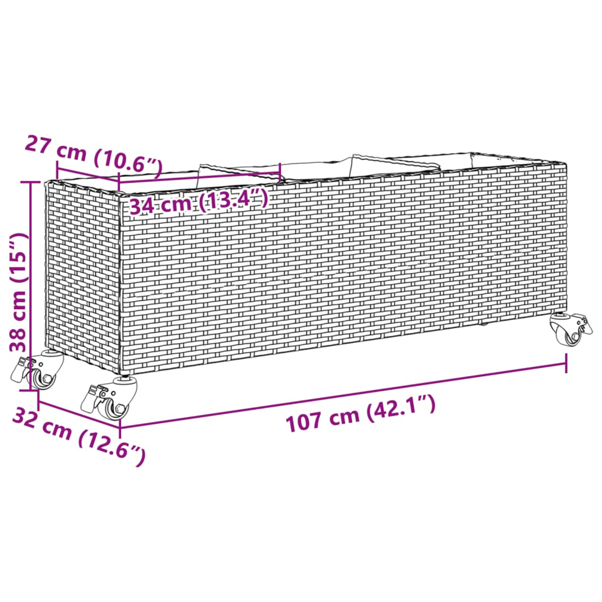 Cesto marrone con ruote, L 107 cm, A 38 cm, P 27 cm. Dimensioni indicate.