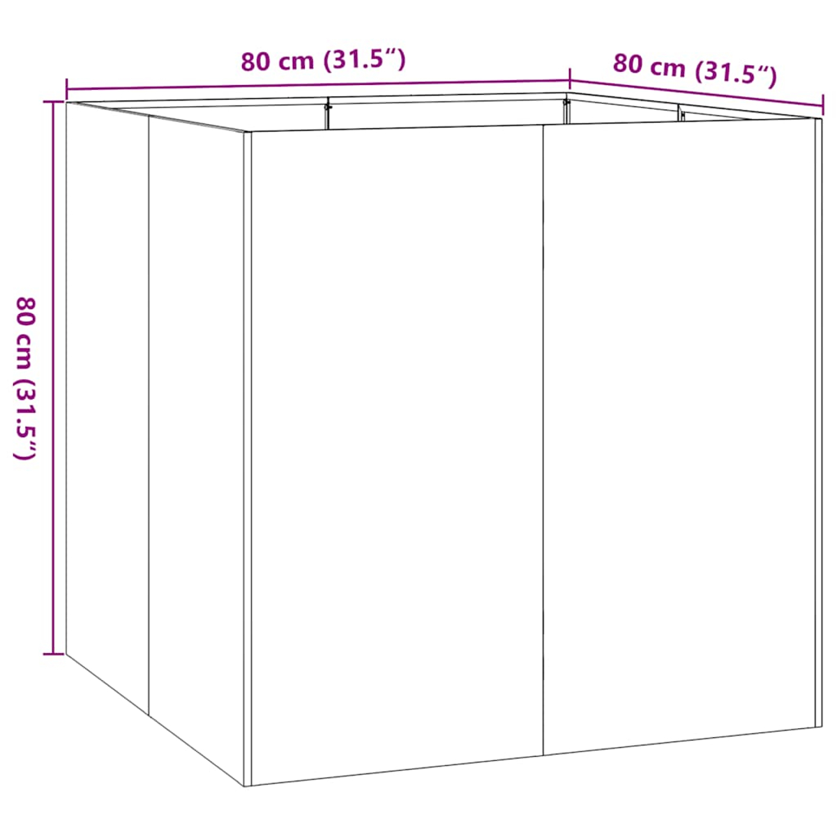 Un cubo bianco di 80x80x80 cm, con linee di quotatura.