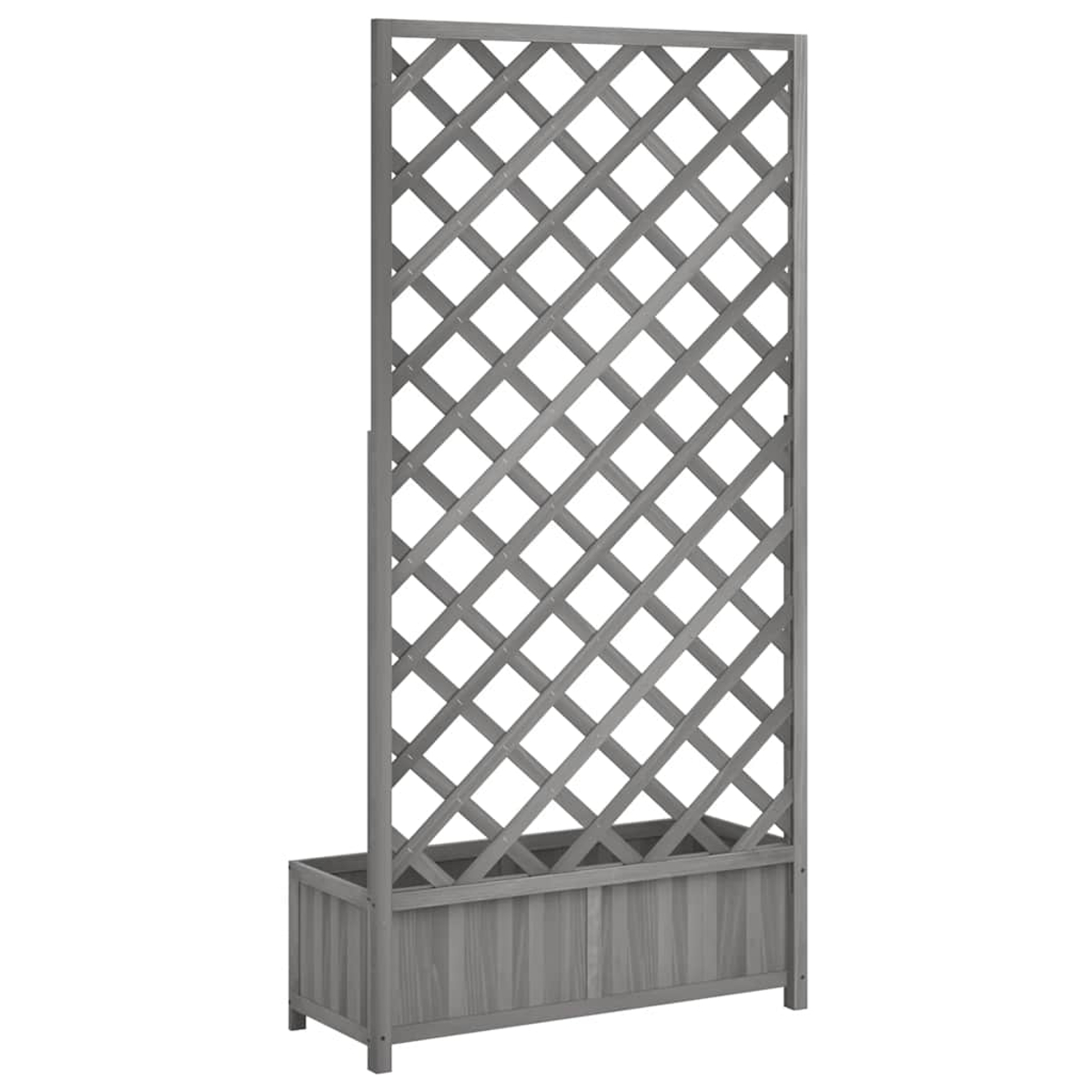 Fioriera in legno grigia con grigliato, ideale per piante.