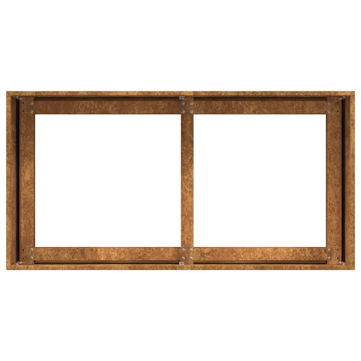 Una cornice rettangolare in legno con due
sezione vuote e viti visibili.
