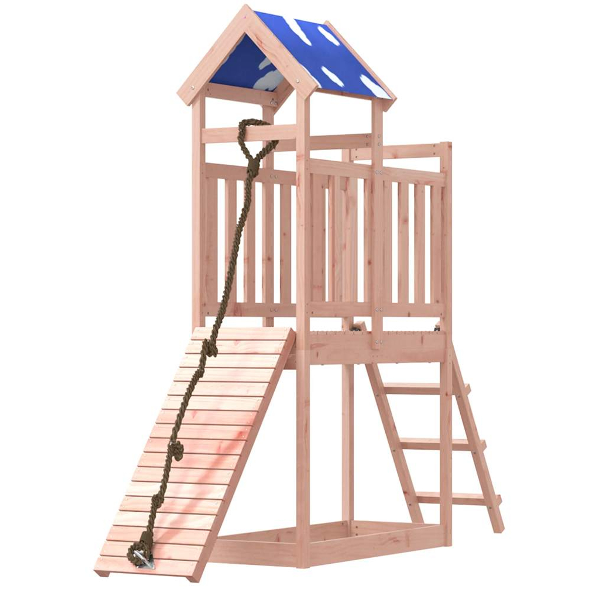 Holzspielturm mit Rutsche, Leiter und Seil. Blaues Dach mit weißen Punkten.