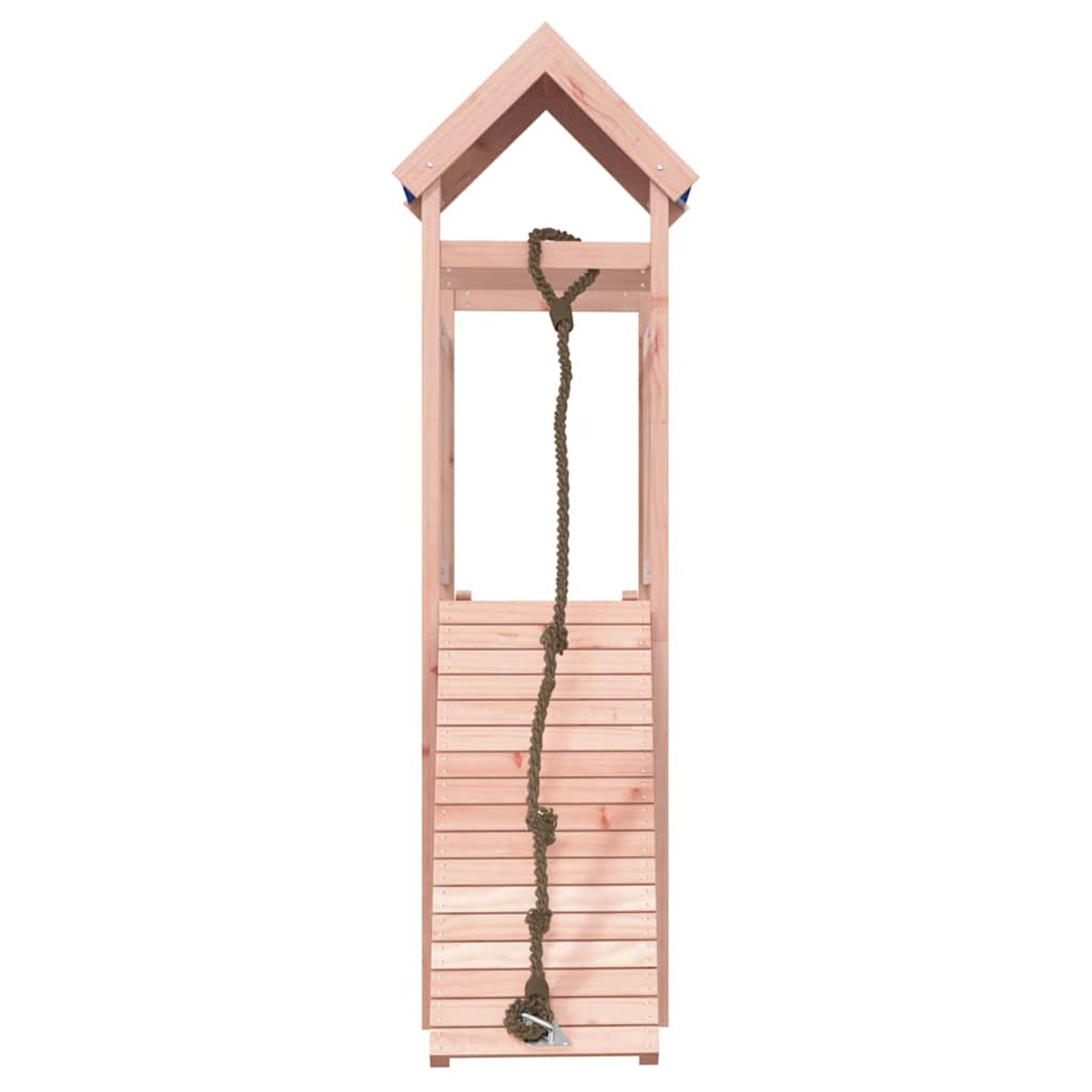 Ein hölzerner Kletterturm mit Seil und Holzstufen im Vordergrund.