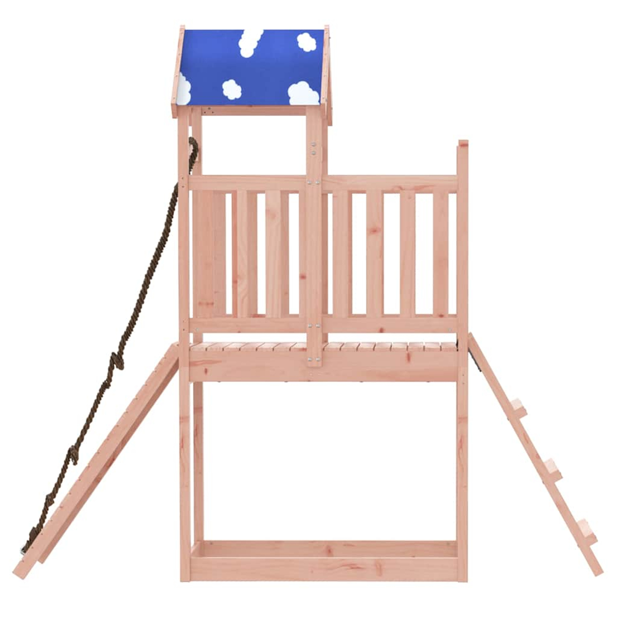 Holzspielturm mit blauem Dach mit Wolkenmuster, Strickleiter und Rutsche.