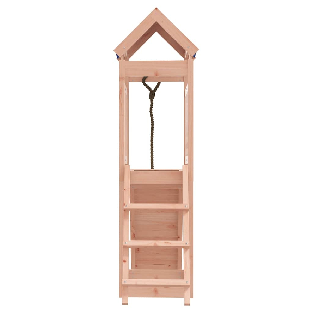 Ein hölzerner Spielturm mit Sprossen und einem Seil.