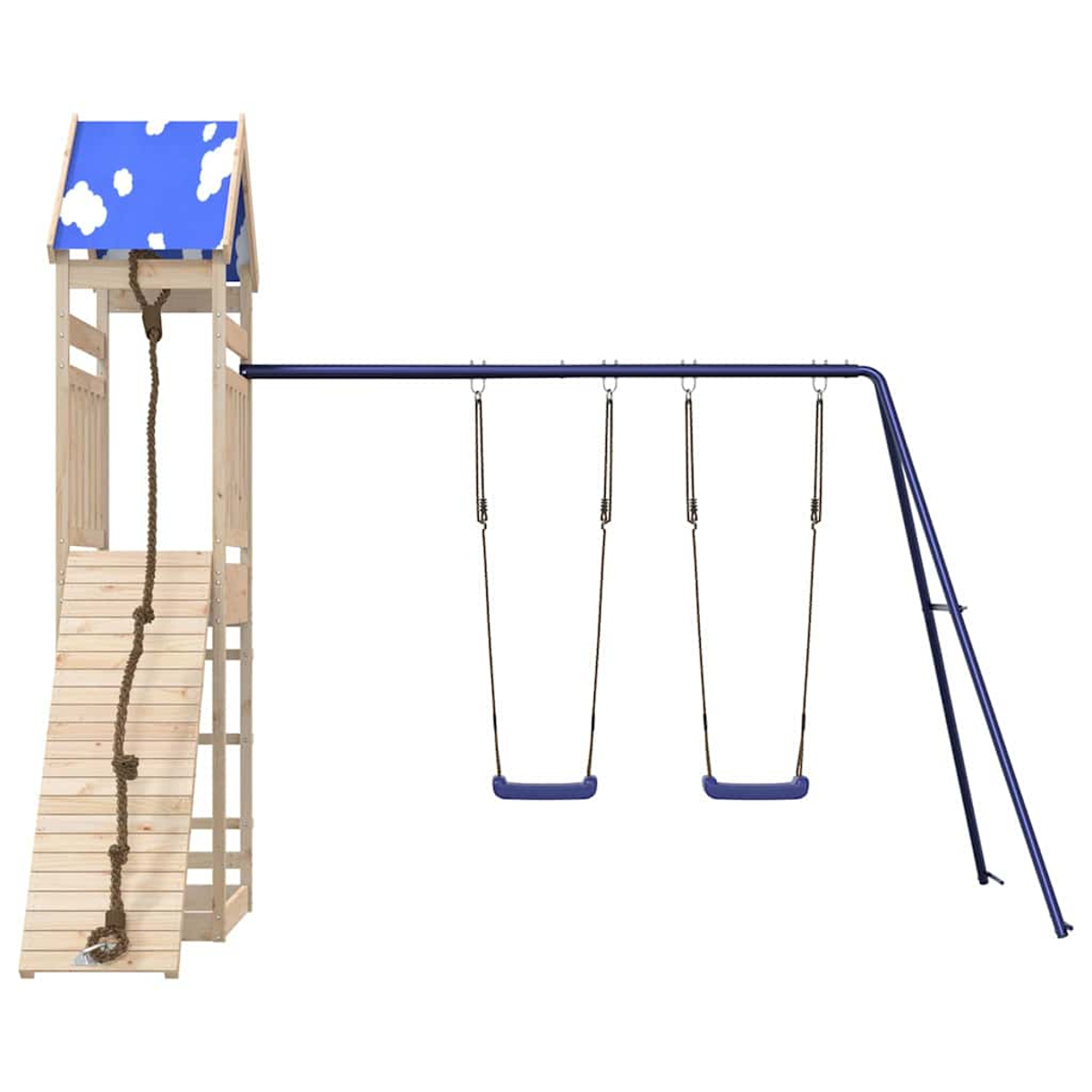 Casetta in legno con tetto blu a nuvole, scaletta di corda e tre altalene.