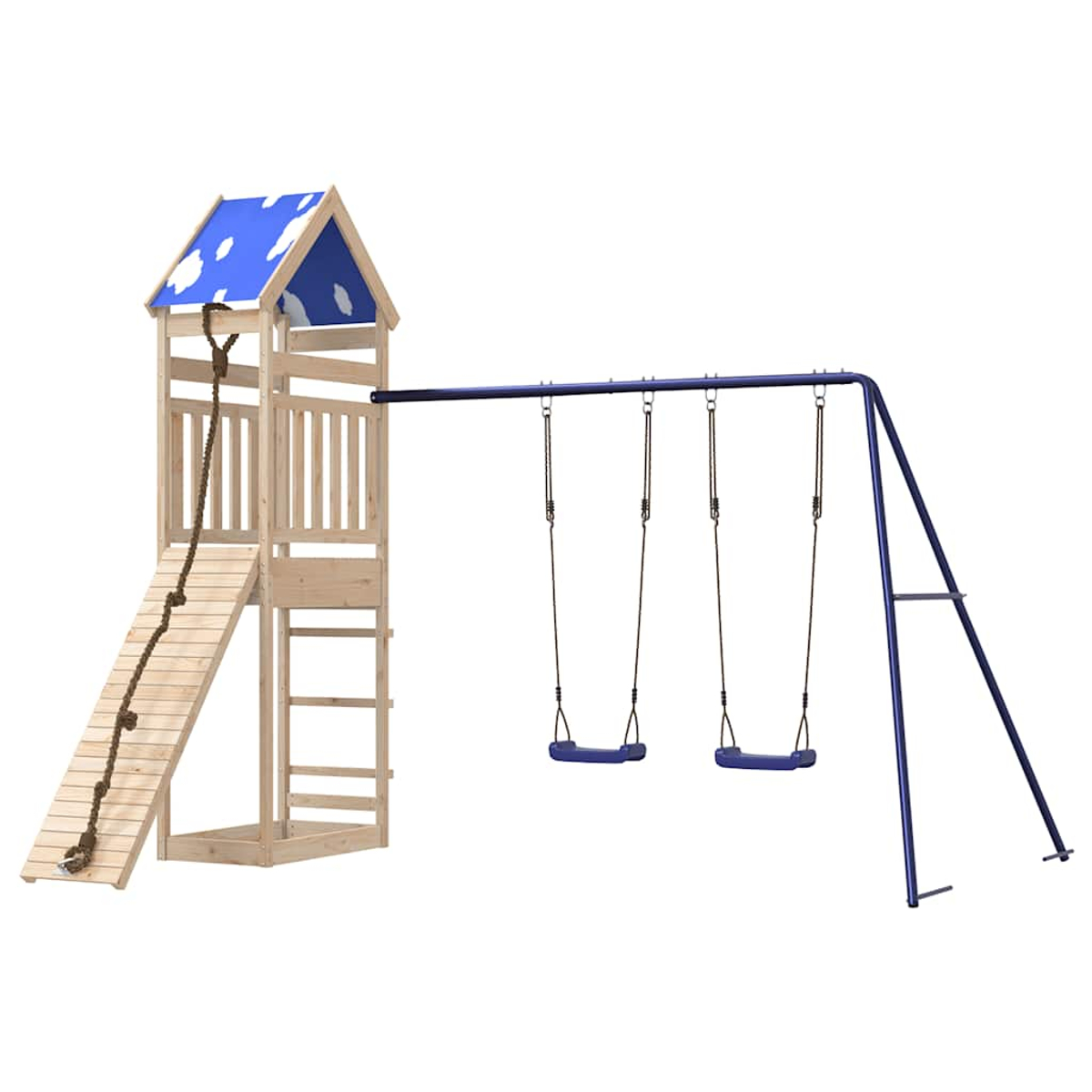 Torre giochi in legno con scala, scivolo e tetto blu cielo, accanto altalena blu.
