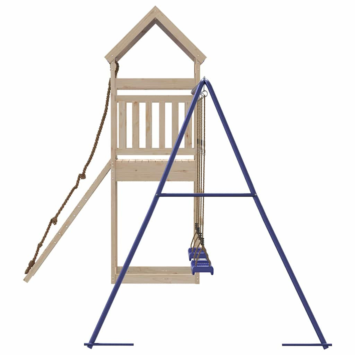 Una struttura giochi in legno con altalene e corda da arrampicata su sfondo bianco.