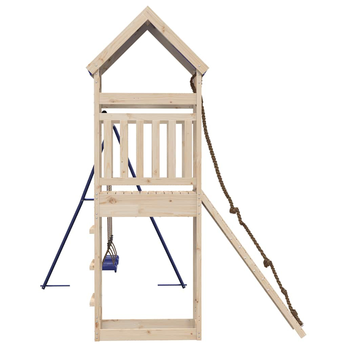 Una casa giochi in legno con tetto, balcone, altalena, scala di corda e scivolo.