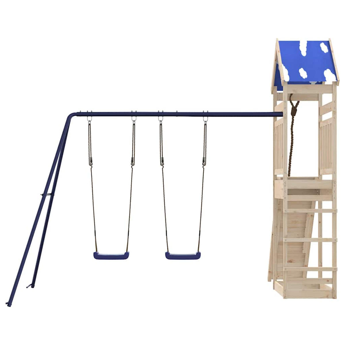 Un'altalena con tetto blu, tre altalene e una scala.