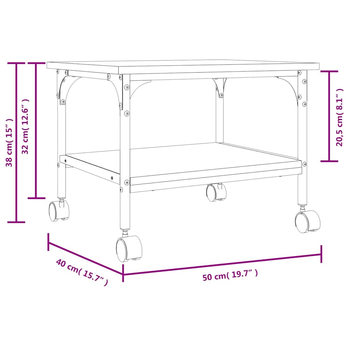 Ein zweistöckiger Wagen mit Rollen. H=38cm, B=50cm, T=40cm.