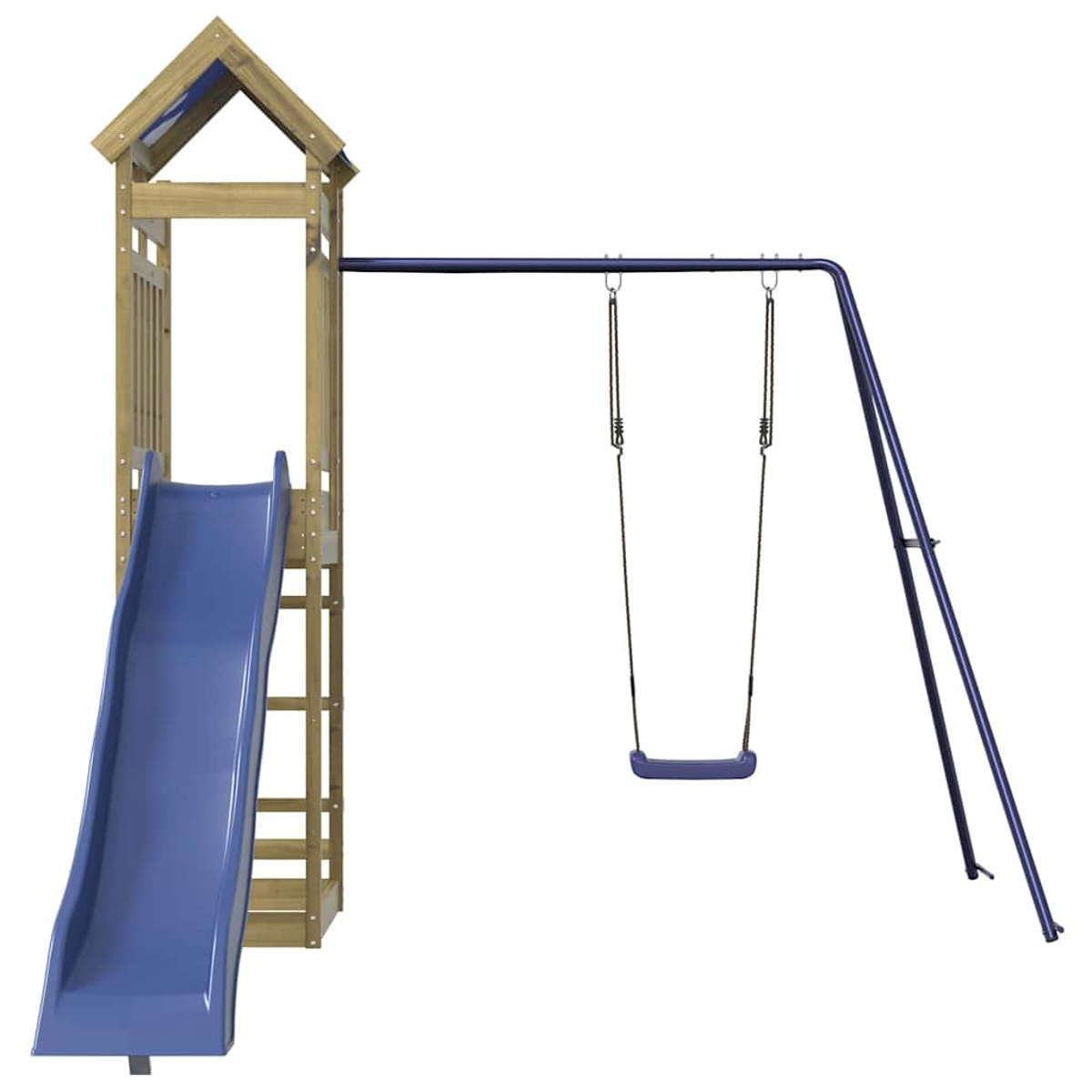 Ein hölzerner Spielturm mit blauer Rutsche und einer Schaukel.